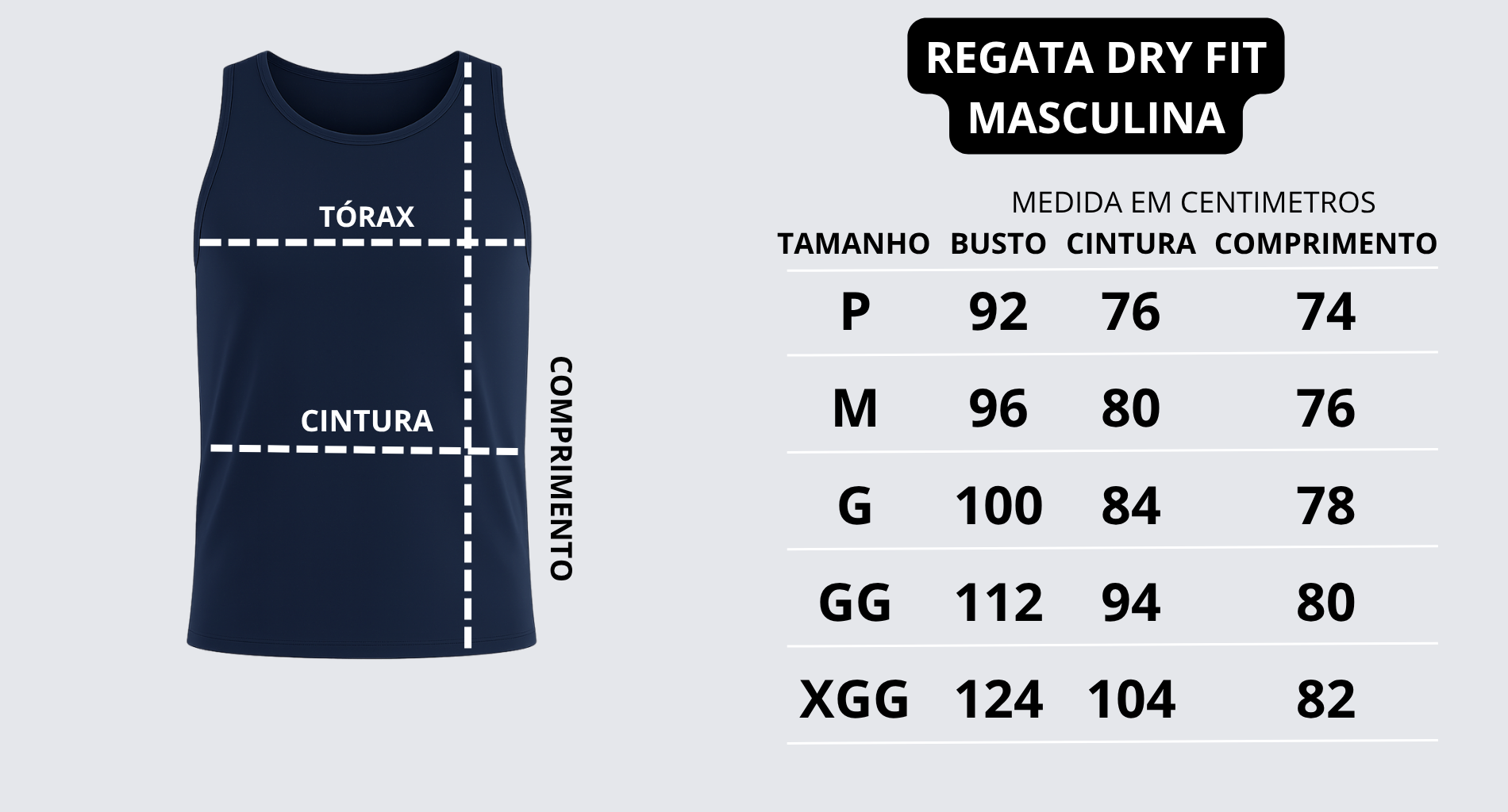 tabela de medidas regata dry fit masculina